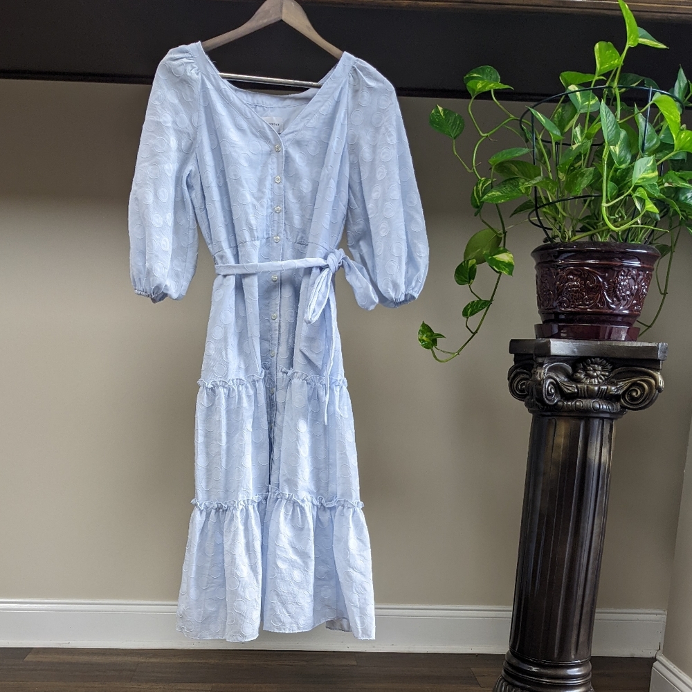 Donna Morgan puff sleeves belted light blue Maxi Dress